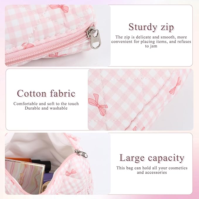 Anfly Makeup Bag, Quilted Cosmetic Bags, Large Floral Make Up Bag, Cute Makeup Bag 3PC Set for Women Girls (Pink)