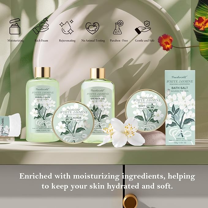 Bath Gift Baskets for Women, 9pc Jasmine Spa Gifts Set for Women, Self Care & Body Relaxing, Birthday Gift Basket, Mother's Day Gifts, Christmas, Anniversary Bath Gift Set