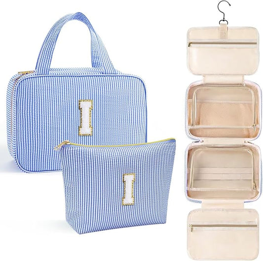 YOOLIFE Travel Toiletry Bag for Women - Hanging Toiletry Bag Initial Makeup Bag, Portable Toiletries Cosmetic Bag, Airplane Travel Essentials - Letter I, Blue