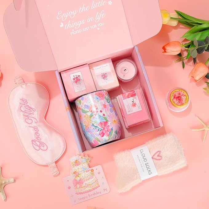 Birthday Gifts for Women Happy Birthday Gift Basket Bath Set for Friend Her Female Wife Girlfriend Daughter Sister Coworker Teacher Unique Pink Rose Tumbler