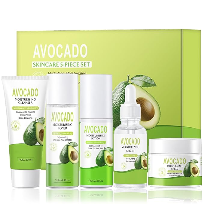 5PCS Avocado Skincare Set for Women, Facial Care Kit with Cleanser, Toner, Serum, Lotion & Cream – Moisturizing & Nourishing Skin Care Gifts for Teens & Women, Daily Hydrating Facial Set