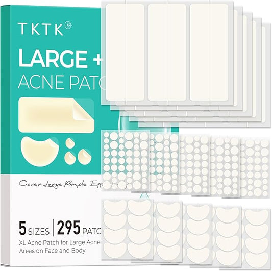 TKTK Large Pimple Patches for Face, 68 x 27 mm XL Hydrocolloid Bandages, Big Acne Patches for Body, Forehead, Chin, Nose, Chest and Back Blemish Zit Breakouts (Strip, Contoured, Dot 5 Sizes 295 Count)