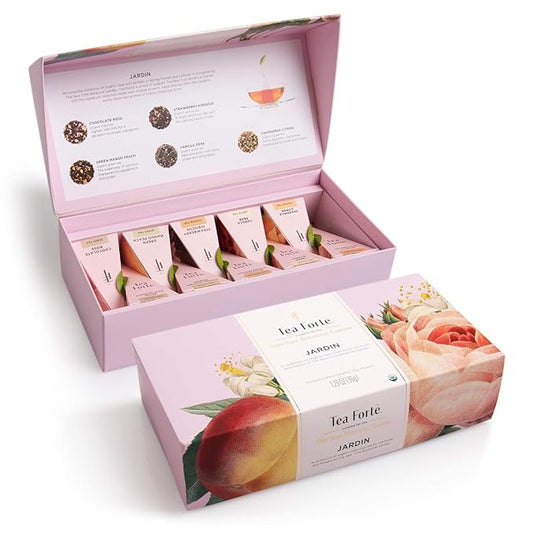 Tea Forte Jardin Organic Fruit, Herb and Flower Teas, Petite Presentation Box Tea Gift Set Sampler, 10 Count, 2 of Each Variety Individually Wrapped Handcrafted Pyramid Infuser Bags