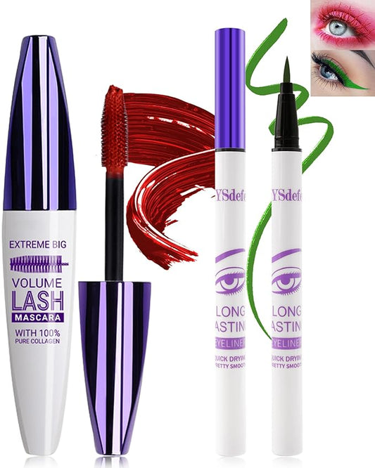 Red Mascara Green Eyeliner Set,5D Waterproof Fiber Colored Mascara Volume and Length,Longlasting Smudgeproof Color Eye Liner Pen,Cosplay Party Stage Use,Mother's Day Makeup Gift Kit for Women Girl