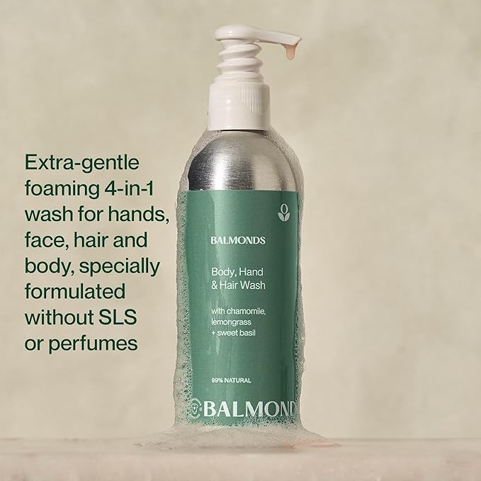 Balmonds Natural Skincare Set – Shampoo & Body Wash, Moisturizing Cream, Bath & Body Oil, and Scalp Oil – 100% Natural, Fragrance-Free, Vegan & Cruelty-Free – For Dry & Sensitive Skin