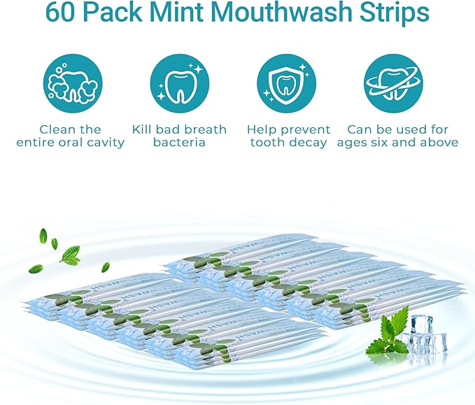 Travel-Size Alcohol & Fluoride Free Mint Mouthwash Packets, 60 Individually Wrapped Portable Packs for Adults, Fresh Breath Mint Flavored Mouthwash for Oral Hygiene, 0.63 Fl Oz Each