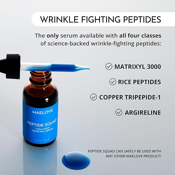MAELOVE Peptide Squad Collagen Renewal Serum with Copper Peptides, Argireline, Matrixyl 3000 + Hyaluronic Acid and Niacinamide for Wrinkles, Fine Lines, and Skin Elasticity