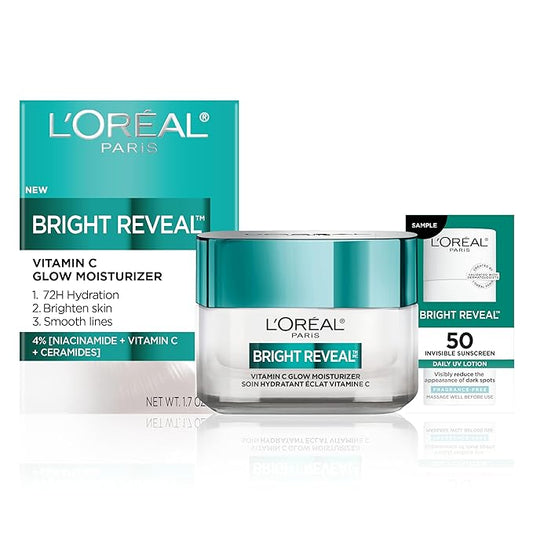 L'Oreal Paris Bright Reveal Vitamin C Glow Moisturizer, Supercharged Facial Moisturizer to Brighten Skin, Even Tone and Hydrate for 72HRs, Includes SPF 50 Sample