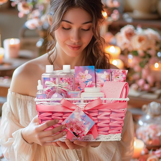 Bath & Body Gift Set, Luxury Home Spa Bath Gift Basket, Cherry Blossom Scented Bath Set, Pamper Gifts for Women & Teens, 12 Pcs Relaxing Home Spa Kit for women Body Kit Birthday Gift teacher's day