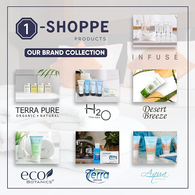 Terra Pure White Tea & Coconut Toiletries Set | 1-Shoppe Amenities Kit | 1oz Shampoo & Conditioner, Body Wash, Lotion, 1.25oz Bar Soap | Travel Size | 150 Pieces