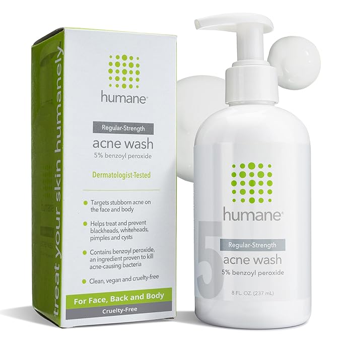humane Benzoyl Peroxide Acne Face Wash - 5% Regular-Strength Acne Treatment for Face, Skin, Back and Body - 8 Fl Oz - Dermatologist-Tested Non-Foaming Cleanser - Vegan, Cruelty-Free