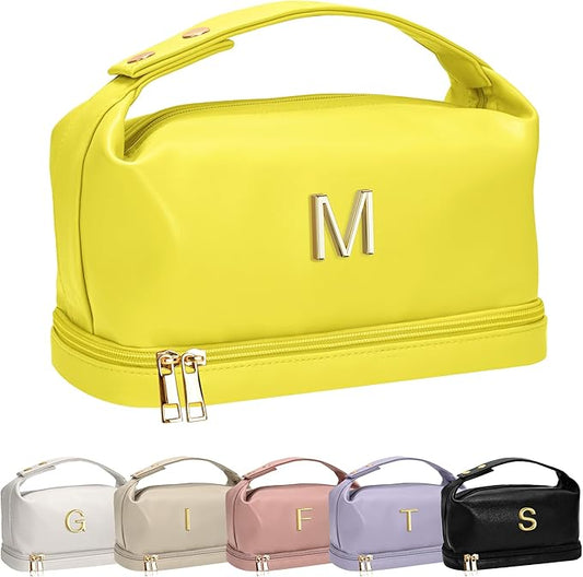 College Gifts for Women, Personalized Makeup Bag with Handle, Initial Double Layer Cosmetic Bag with Makeup Brush Organizer, Cute Cosmetic Pouch for Women, Gifts for Friends Female Mom