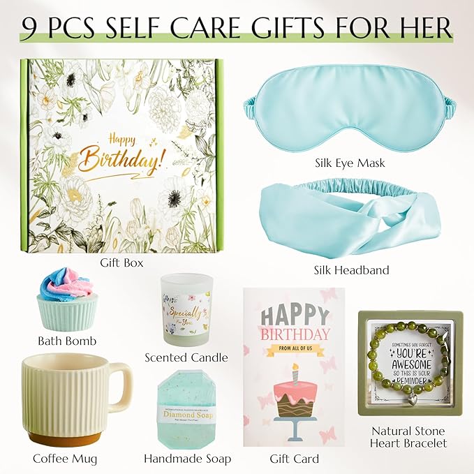 Birthday Gifts for Women, Spa Gift Baskets Set for Women Mom Friend Sister Wife Daughter Girlfriend Coworker, Self Care Bath Spa Body Relaxing Gift Box Unique Happy Birthday Gifts for Female(Green)