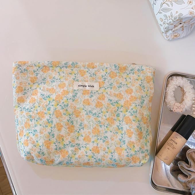 Wudygirl Aesthetic Cosmetic Bag Travel Toiletry Bag Makeup Bag Canvas Makeup Pouch Toiletry Bag for Women and Girls Large Capacity Makeup Bag Floral Pencil Pouch with Zipper (Yellow Floral)