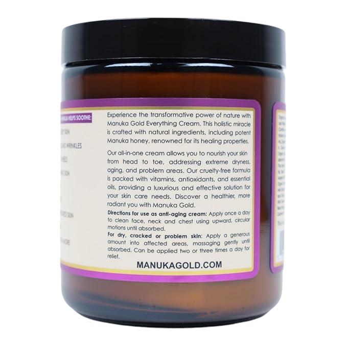 Manuka Gold The Everything Cream - Honey Manuka Cream in Glass Jar with Nourishing Oils for Dry skin - Hydrating Face Moisturizer with Aloe, Shea & Coconut 4 Fl Oz