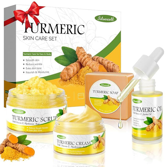 Turmeric Skin Care Set Christmas Gift Sets for Women, Skin Care Gift Set 4 In 1 Include Turmeric Soap Bar Turmeric Oil Turmeric Face Cream Turmeric Scrub, Face Moisturizer Skincare Set for Women