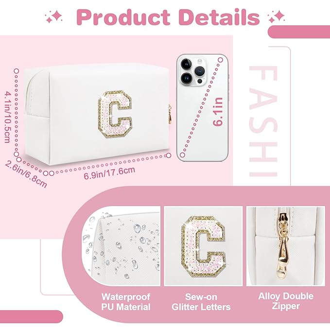 Small Initial Patch Makeup Bag Personalized Gifts Make Up Bag,White Cute PU Leather Glitter Letter Cosmetic Bag with Zipper,Trendy Portable Travel Toiletry Pouch,Preppy Stuff for Teen Girls Women C