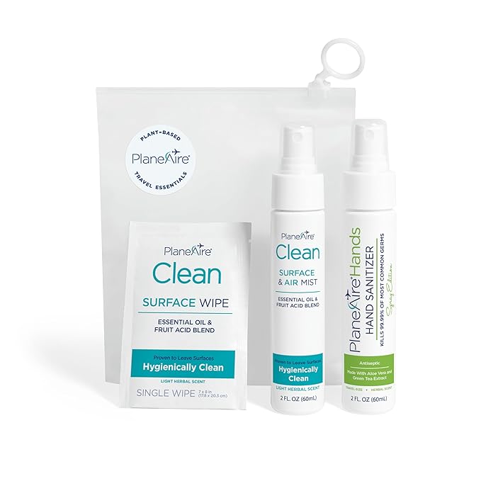 Travel Essentials | Hygiene Kit | Travel Toiletry Kit | Travel Size | Spray Hand Sanitizer Herbal Scent | Surface Wipes | Individual Travel Wipe | Surface Cleaner & Air Mist | With Essential Oils