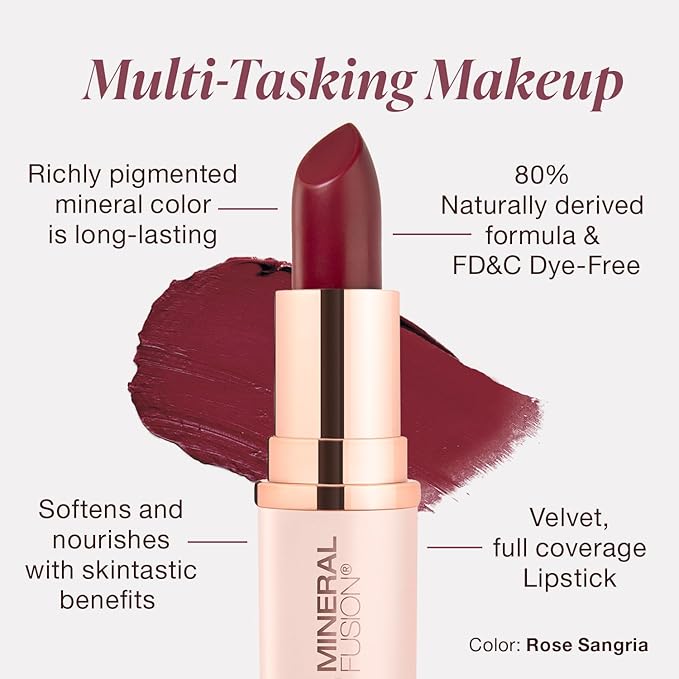 Mineral Fusion Long-Lasting Lipstick, Vivid & Smudge-Free Lip Color with Avocado Oil, Cocoa Seed Butter, Free of FD&C Dyes, Paraben and Gluten, Rose Sangria