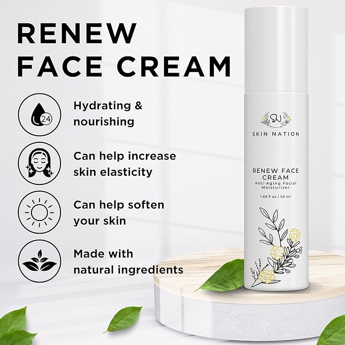 Skin Nation Renew Face Cream, Hydrating Moisturizer with Peptides, Hyaluronic Acid & Green Tea, Lightweight Plant-Based Cream for Smooth, Radiant Skin, 1.7 oz