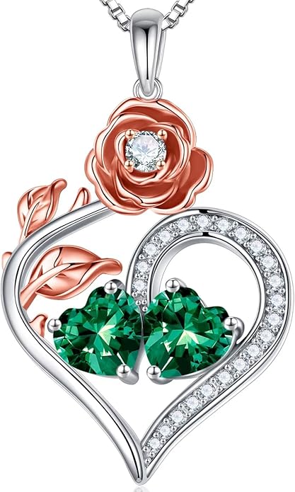 Iefil Rose Heart Birthstone Necklaces for Women - 925 Sterling Silver Double Birthstone Necklace, Anniversary Birthday Gifts for Women, Jewelry Gifts for Wife Her