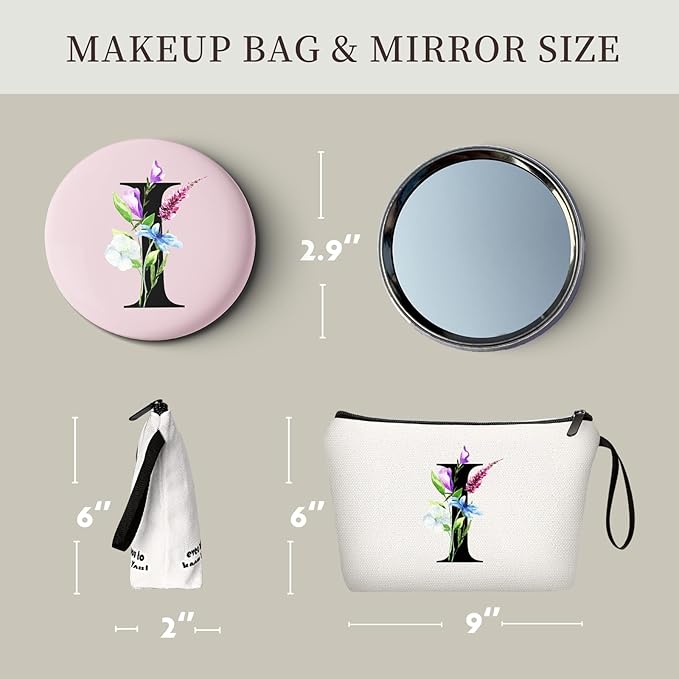 SEAMOON Bride to be Birthday Womens Unique Initial Monogram Gifts for Women Mom Personalized Travel Makeup Cosmetic Bag with Mirror Valentines Mothers Day Christmas Graduation I