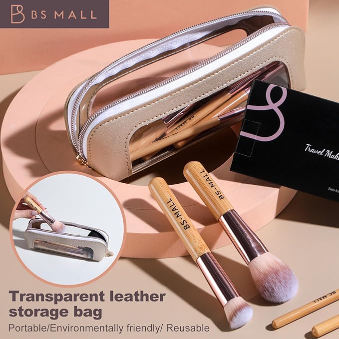 BS-MALL 14 Pcs Makeup Brushes Set with 1 Pcs Makeup Sponge – Essential Foundation Powder Concealers, Eye Shadows, Blush Makeup Brushes with Travel Makeup Case (Bamboo)