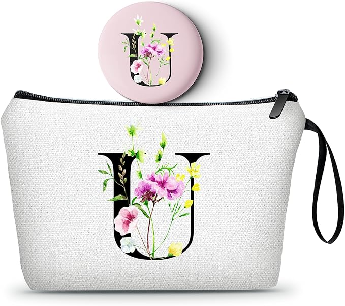 SEAMOON Birthday Bridal Shower Unique Initial Gifts for Women Mom Sister Daughter Friend Bff Personalized Travel Makeup Cosmetic Bag with Mirror Valentines Mothers Day Christmas Graduation U