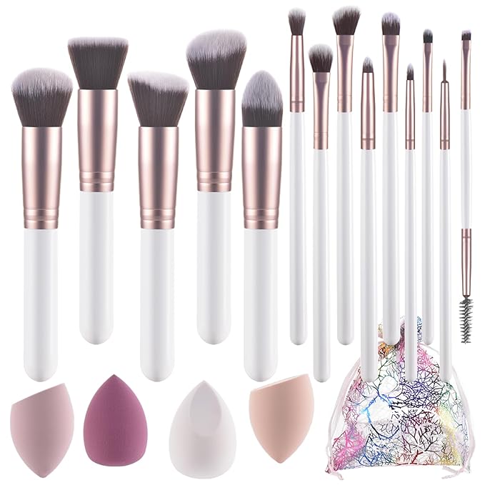 White Makeup Brushes and Makeup sponge- Wooden Handle with Soft Synthetic Bristles,for Face & Eye Makeup|Professional Makeup Brushes set for Women & Girls|19-piece set