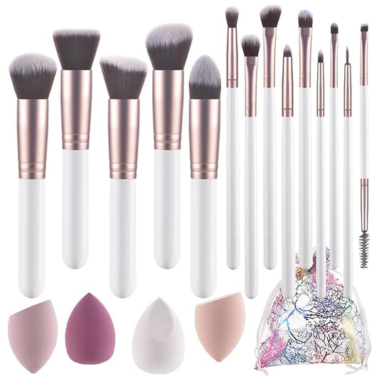 White Makeup Brushes and Makeup sponge- Wooden Handle with Soft Synthetic Bristles,for Face & Eye Makeup|Professional Makeup Brushes set for Women & Girls|19-piece set