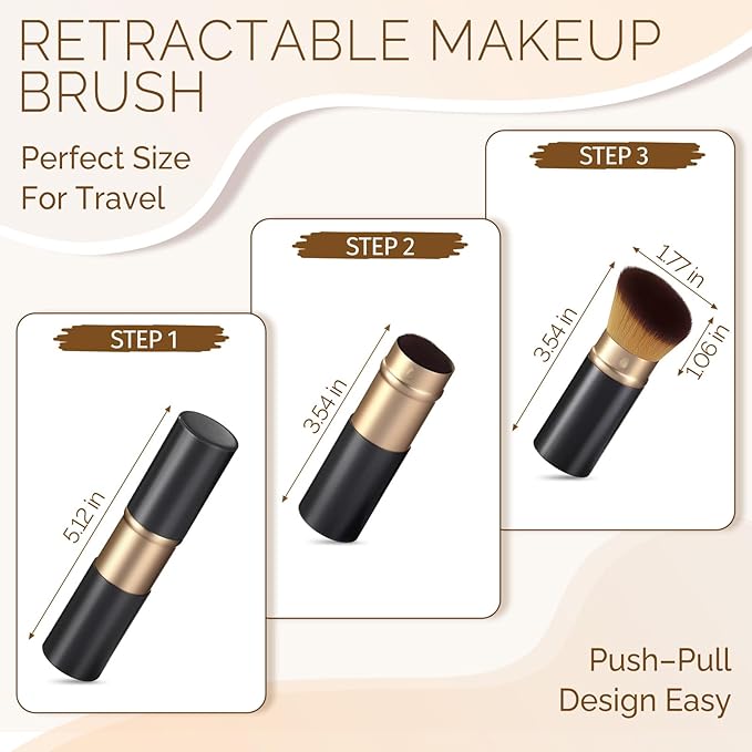 Retractable Kabuki Makeup Brush - Portable Travel Face Brush with Cover, Soft Synthetic Bristles for Blush, Bronzer, Powder, Foundation & Sunscreen, Flawless Application On-the-Go (Black)