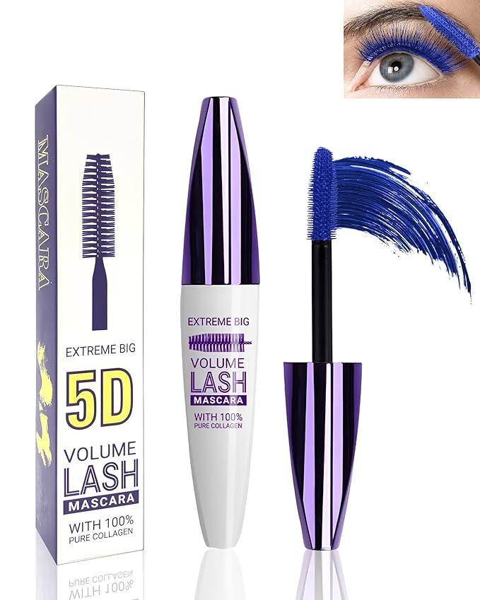 5D Blue Mascara Volume and Length,Longlasting Waterproof Smudge-proof Colored Mascara for Eyelashes,Volumizing Lengthening Curling rimel de pestañas,Cosplay Party Stage Use,Makeup Gift for Women Girl