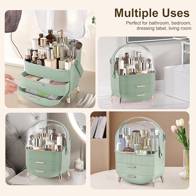 Make up Organizers and Storage, Makeup Organizer for Vanity, Cosmetics Skincare Organizers with Lid and Drawers, Cosmetic Display Cases for Countertop, Bathroom, Ideal Gifts for Women(Light Green)