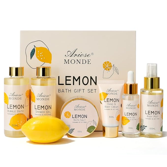 Lemon Scent Bath Spa Gift Box Set for Women - Shower Gel, Bubble Bath, Body Cream, Soap, Salt, Essential Oil