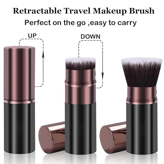 Makeup Brushes, Retractable 2 Pack Travel Kabuki Blush Makeup Brush Face Powder Foundation Brushes for Blending Liquid, Blush, Bronzer, Buffing, Sunscreen,Flawless Cosmetics