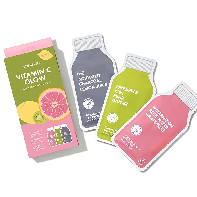 ESW Beauty Vitamin C Glow Set – Antioxidant-Rich Face Masks with Kiwi, Grapefruit & Lemon – Includes Pink Dream, Pineapple Bliss & Deep Detox – Vegan, Clean Beauty for Radiant Skin