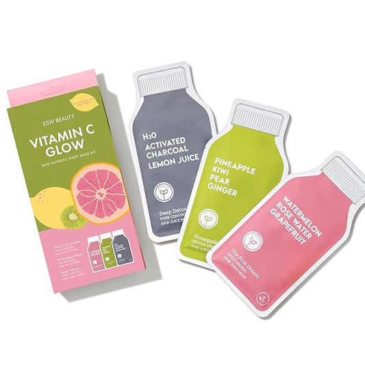 ESW Beauty Vitamin C Glow Set – Antioxidant-Rich Face Masks with Kiwi, Grapefruit & Lemon – Includes Pink Dream, Pineapple Bliss & Deep Detox – Vegan, Clean Beauty for Radiant Skin