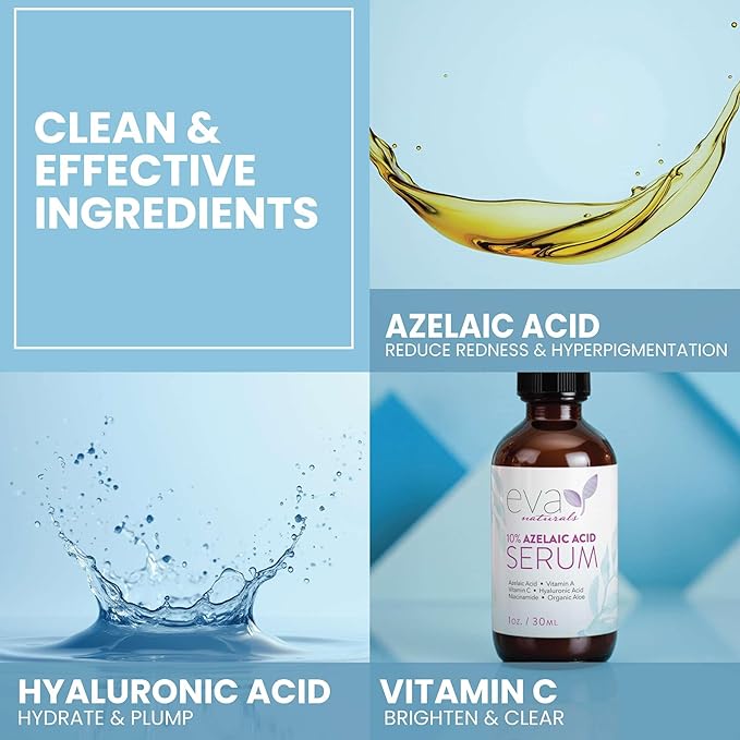 Eva Naturals Azelaic Acid Serum for Face – Niacinamide, Hyaluronic Acid, Vitamins A+C+E – Redness Relief, Dark Spots, Uneven Skin Tone, Texture, Pores, Topical Booster for Clearer, Smoother Skin, 1oz