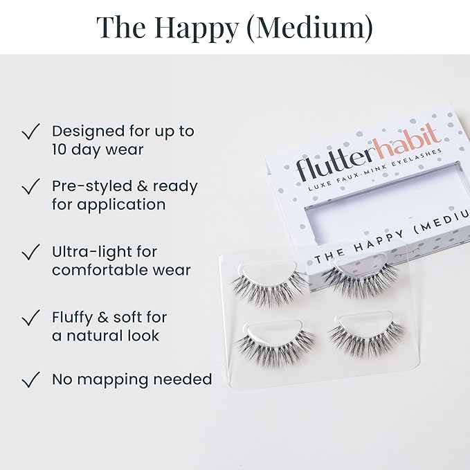 FlutterHabit The Happy Medium Lashes, DIY Lash Extensions [Up to 10 Day Wear], Mid-Length & Doll Eyed Cluster Lashes, Salon Quality Eyelashes Extensions, Natural Lashes, No Lash Glue Included