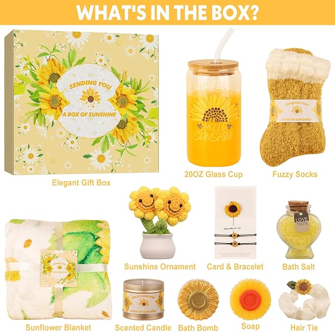 Sunflower gifts for women,Sunshine box, Get Well Soon Gift Baskets for Women,Self-Care Package,Unique Birthday Basket for Women,Mother’s Day, Thank You Gifts for her,Girlfriend,Sister,Mom,Wife