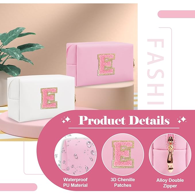 Personalized Initial A-Z Preppy Patch Makeup Bag,Small PU Leather Chenille Letter Cosmetic Bag with Zipper for Teen Girls,Pink Cute Travel Toiletry Bag,Birthday Monogrammed Gift for Daughter,Letter E