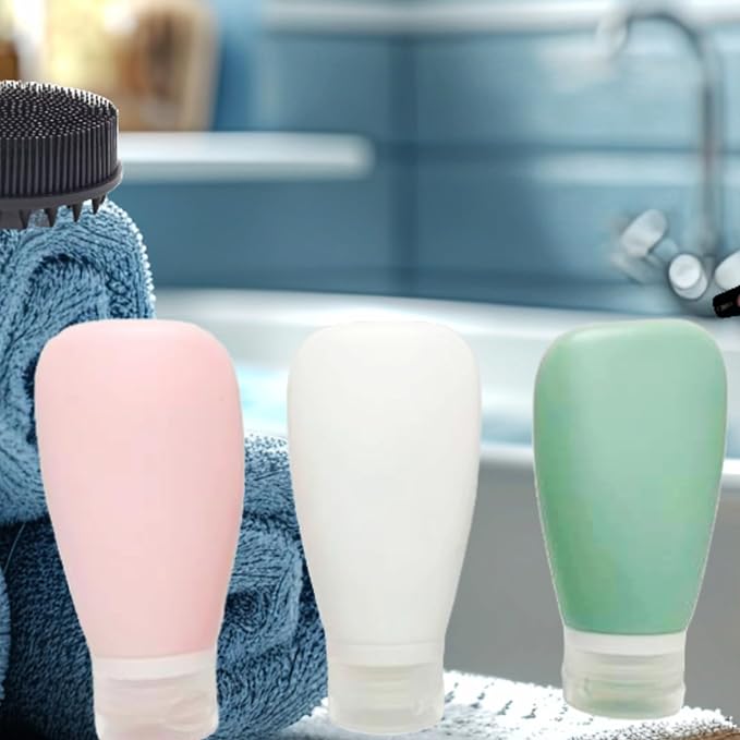 Travel Bottles for Toiletries, TSA Approved 3oz Leak Proof Silicone Refillable Squeeze Travel Size Containers BPA Free Air Travel for Shampoo, Lotions, 3-pk (Pink-White-Teal)