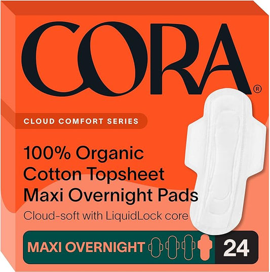 Cora 100% Organic Cotton Topsheet Maxi Pads | Maxi Period Pads with Wings | Maxi Overnight Absorbency | Unscented, Comfortable, Powerfully Absorbent, Leak Protection (24 Count)