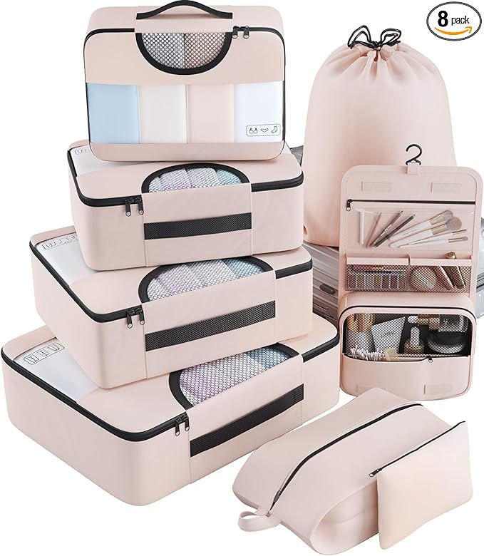Veken 8 Set Packing Cubes, Travel Gifts for Women Mom, Carry on Suitcase Organizer Bags with Hanging Toiletry Bag and Large Laundry Bag, Travel Essentials Luggage Accessories for Cruise Ship