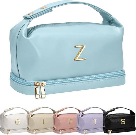 College Girl Gift Ideas, Personalized Makeup Bag with Handle, Initial Double Layer Cosmetic Bag with Makeup Brush Organizer, Birthday Gifts for 11 12 13 14 15 16 17 18 Year Old Girls