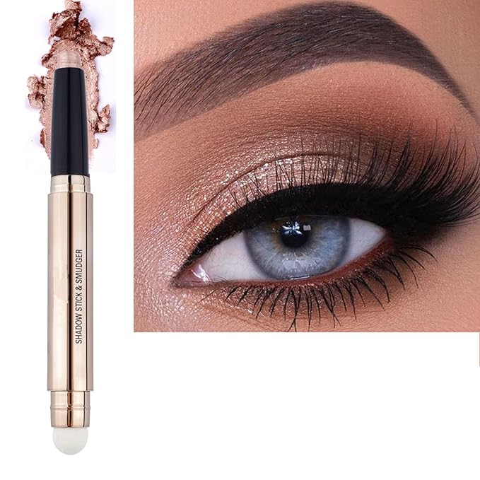 2 in 1 Eyeshadow stick and Sponge Makeup Brush, Brown Smooth Cream Shimmer Shadow Pencil Long Lasting Waterproof Eye Shadow Highlighter Stick Makeup , Hypoallergenic Eyeshadow, Highlighter Eye Liner