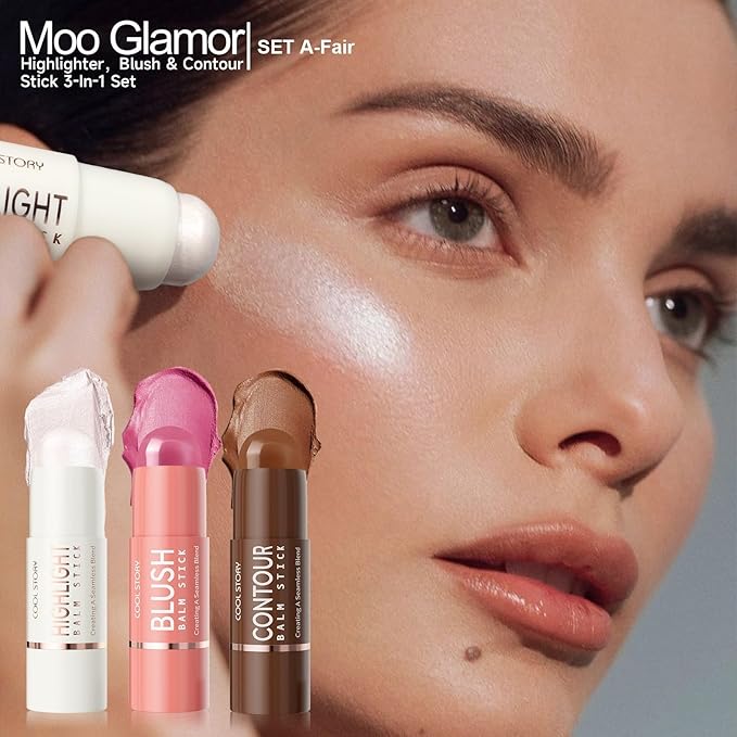 3-in-1 Highlighter,Blush and Contour Sticks Trio with Highlighter Stick Contour Stick and Blush Stick for Cheeks and Face Makeup (Set A Fair)