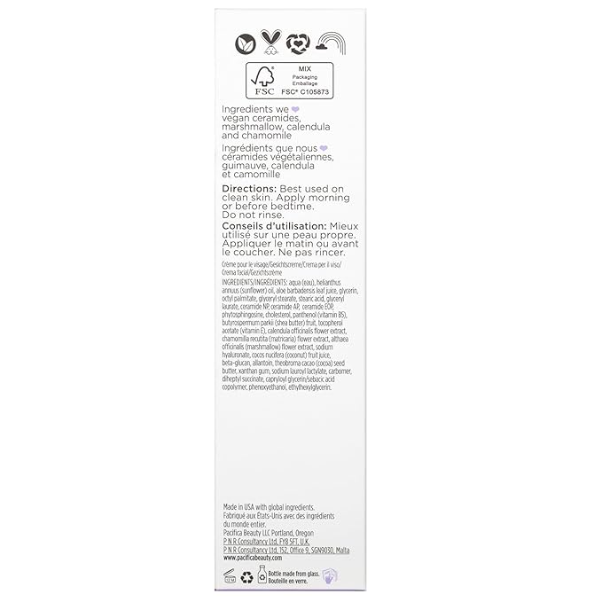 Pacifica Face Moisturizer - Vegan Ceramide Barrier Repair Face Lotion, Hydrating, For Dry Skin, Dermatologist Tested, Safe for Sensitive Skin, Fragrance Free, Vegan + Cruelty Free