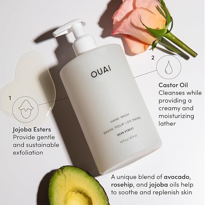 OUAI Hand Wash, Dean Street - Liquid Hand Soap with Jojoba, Avocado, & Rose Hip Oil for Replenished Skin - Gentle Exfoliating Kitchen & Bathroom Soap (16 Fl Oz)