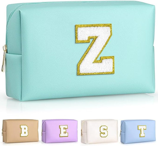 TOPEAST Preppy Makeup Bag, Small Cosmetic Travel Bags for Women, PU Leather Waterproof Toiletry Bag with Zipper, Personalized Birthday Gift for Women Girl, Preppy Gifts for Girl (Blue Z)